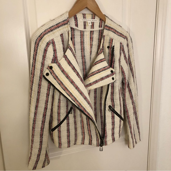 Veronica Beard red And White tweed moto asymmetric blazer zip up Jacket Sz 0 - Picture 9 of 16